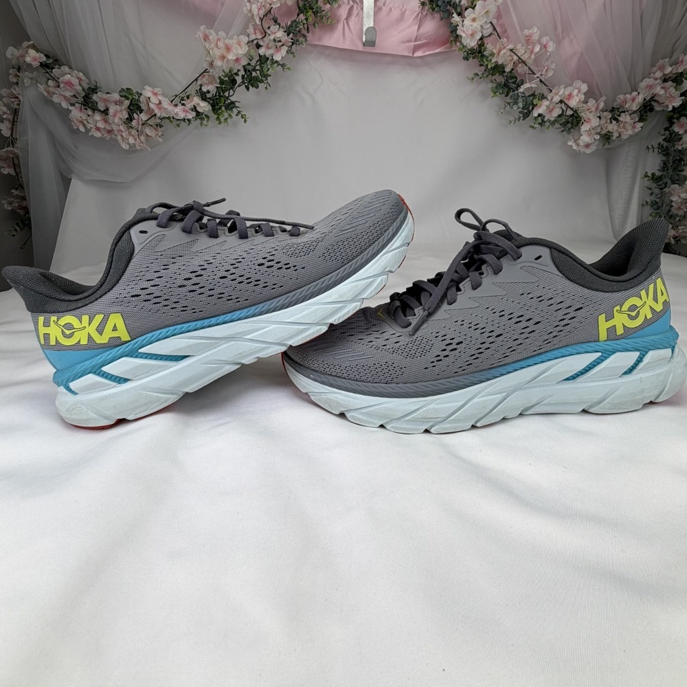 Hoka‎ One One Clifton 7 Men's 8 Gray Blue Running Shoes 1110508 WDDS
